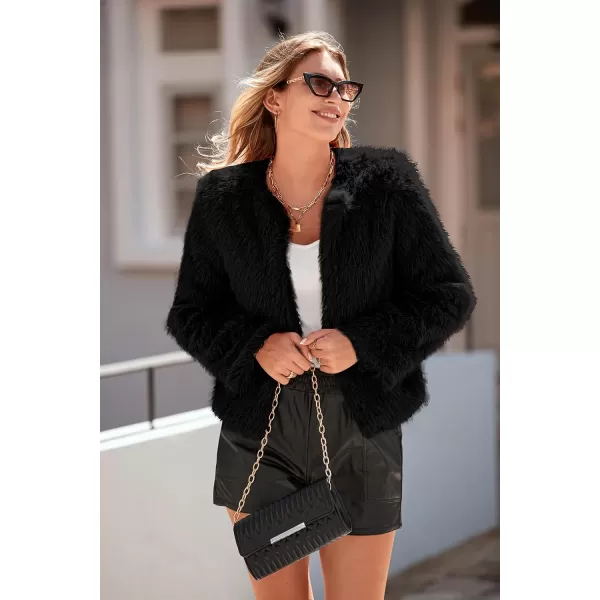 imagePRETTYGARDEN Womens 2023 Winter Coats Fleece Cropped Jacket Faux Fur Long Sleeve Pockets Shaggy Warm Outerwear Fall ClothesBlack