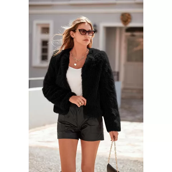 imagePRETTYGARDEN Womens 2023 Winter Coats Fleece Cropped Jacket Faux Fur Long Sleeve Pockets Shaggy Warm Outerwear Fall ClothesBlack