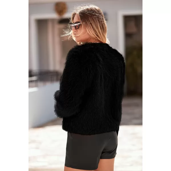 imagePRETTYGARDEN Womens 2023 Winter Coats Fleece Cropped Jacket Faux Fur Long Sleeve Pockets Shaggy Warm Outerwear Fall ClothesBlack