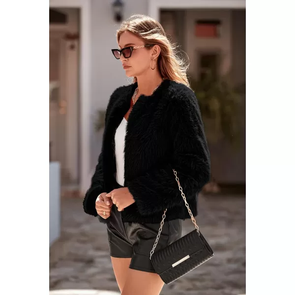 imagePRETTYGARDEN Womens 2023 Winter Coats Fleece Cropped Jacket Faux Fur Long Sleeve Pockets Shaggy Warm Outerwear Fall ClothesBlack