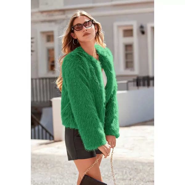 imagePRETTYGARDEN Womens 2023 Winter Coats Fleece Cropped Jacket Faux Fur Long Sleeve Pockets Shaggy Warm Outerwear Fall ClothesGreen