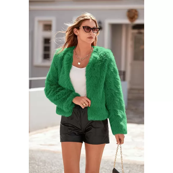 imagePRETTYGARDEN Womens 2023 Winter Coats Fleece Cropped Jacket Faux Fur Long Sleeve Pockets Shaggy Warm Outerwear Fall ClothesGreen