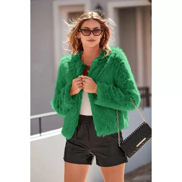 imagePRETTYGARDEN Womens 2023 Winter Coats Fleece Cropped Jacket Faux Fur Long Sleeve Pockets Shaggy Warm Outerwear Fall ClothesGreen