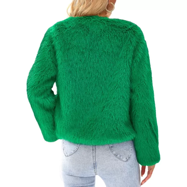 imagePRETTYGARDEN Womens 2023 Winter Coats Fleece Cropped Jacket Faux Fur Long Sleeve Pockets Shaggy Warm Outerwear Fall ClothesGreen