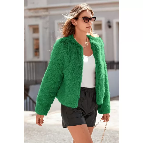 imagePRETTYGARDEN Womens 2023 Winter Coats Fleece Cropped Jacket Faux Fur Long Sleeve Pockets Shaggy Warm Outerwear Fall ClothesGreen