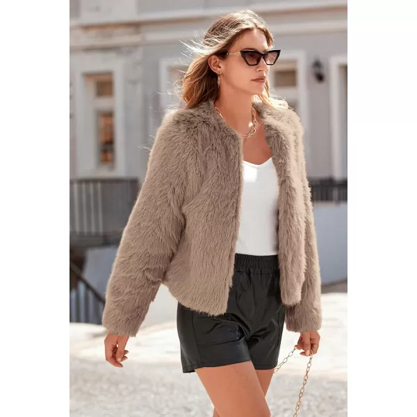 imagePRETTYGARDEN Womens 2023 Winter Coats Fleece Cropped Jacket Faux Fur Long Sleeve Pockets Shaggy Warm Outerwear Fall ClothesKhaki