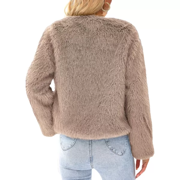 imagePRETTYGARDEN Womens 2023 Winter Coats Fleece Cropped Jacket Faux Fur Long Sleeve Pockets Shaggy Warm Outerwear Fall ClothesKhaki