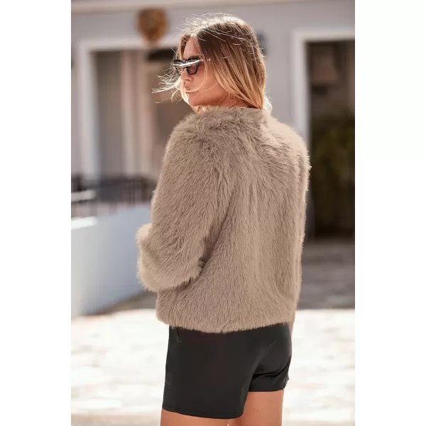 imagePRETTYGARDEN Womens 2023 Winter Coats Fleece Cropped Jacket Faux Fur Long Sleeve Pockets Shaggy Warm Outerwear Fall ClothesKhaki