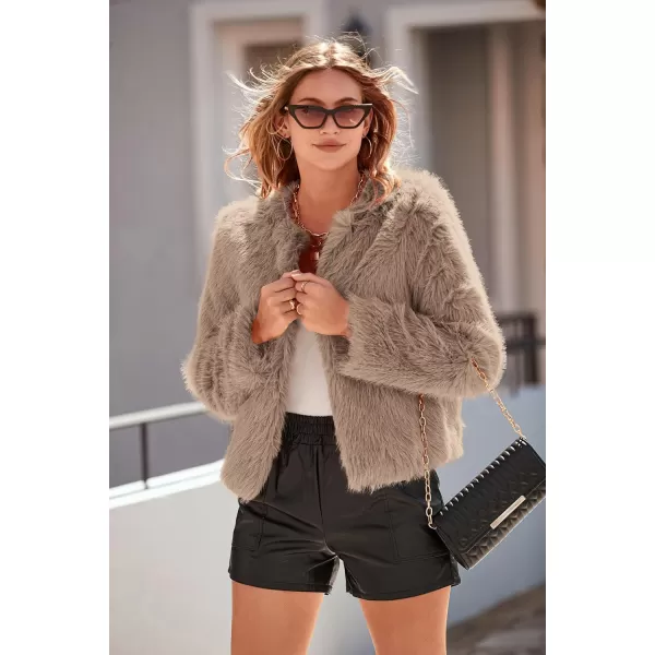 imagePRETTYGARDEN Womens 2023 Winter Coats Fleece Cropped Jacket Faux Fur Long Sleeve Pockets Shaggy Warm Outerwear Fall ClothesKhaki