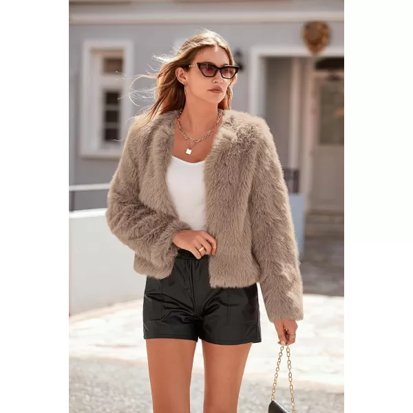imagePRETTYGARDEN Womens 2023 Winter Coats Fleece Cropped Jacket Faux Fur Long Sleeve Pockets Shaggy Warm Outerwear Fall ClothesKhaki