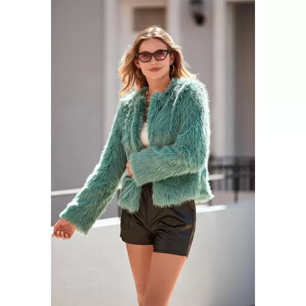 imagePRETTYGARDEN Womens 2023 Winter Coats Fleece Cropped Jacket Faux Fur Long Sleeve Pockets Shaggy Warm Outerwear Fall ClothesLight Green
