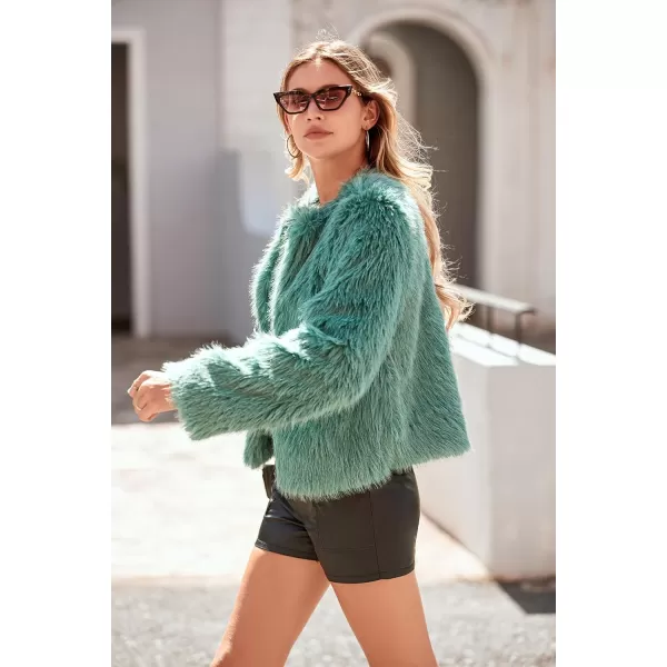 imagePRETTYGARDEN Womens 2023 Winter Coats Fleece Cropped Jacket Faux Fur Long Sleeve Pockets Shaggy Warm Outerwear Fall ClothesLight Green