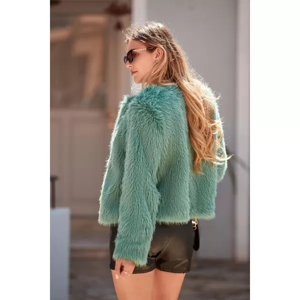 imagePRETTYGARDEN Womens 2023 Winter Coats Fleece Cropped Jacket Faux Fur Long Sleeve Pockets Shaggy Warm Outerwear Fall ClothesLight Green