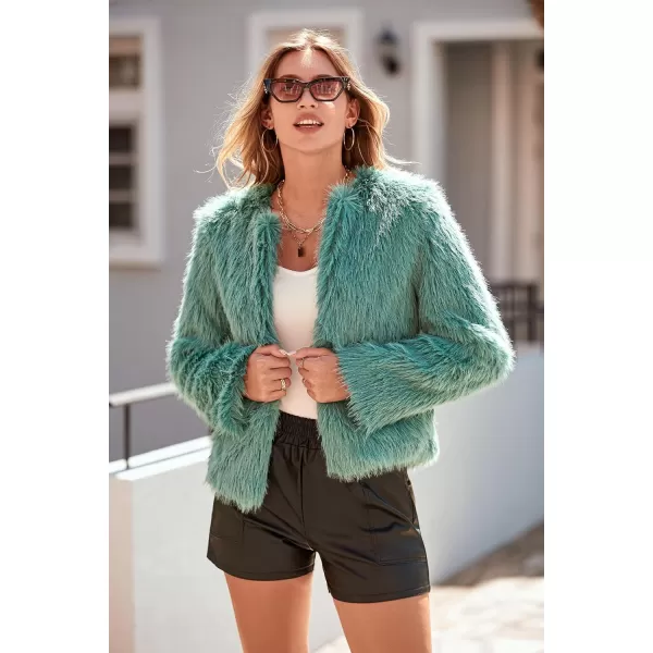 imagePRETTYGARDEN Womens 2023 Winter Coats Fleece Cropped Jacket Faux Fur Long Sleeve Pockets Shaggy Warm Outerwear Fall ClothesLight Green