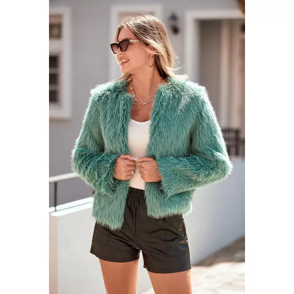 imagePRETTYGARDEN Womens 2023 Winter Coats Fleece Cropped Jacket Faux Fur Long Sleeve Pockets Shaggy Warm Outerwear Fall ClothesLight Green