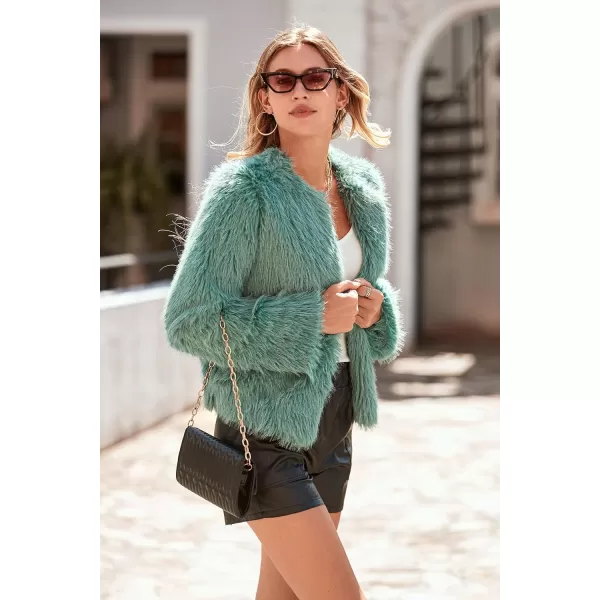 imagePRETTYGARDEN Womens 2023 Winter Coats Fleece Cropped Jacket Faux Fur Long Sleeve Pockets Shaggy Warm Outerwear Fall ClothesLight Green