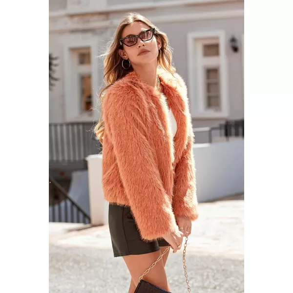 imagePRETTYGARDEN Womens 2023 Winter Coats Fleece Cropped Jacket Faux Fur Long Sleeve Pockets Shaggy Warm Outerwear Fall ClothesOrange