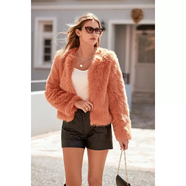 imagePRETTYGARDEN Womens 2023 Winter Coats Fleece Cropped Jacket Faux Fur Long Sleeve Pockets Shaggy Warm Outerwear Fall ClothesOrange