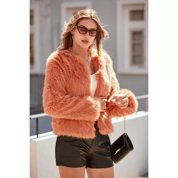 imagePRETTYGARDEN Womens 2023 Winter Coats Fleece Cropped Jacket Faux Fur Long Sleeve Pockets Shaggy Warm Outerwear Fall ClothesOrange