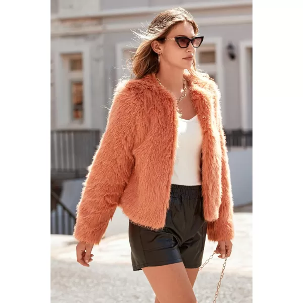 imagePRETTYGARDEN Womens 2023 Winter Coats Fleece Cropped Jacket Faux Fur Long Sleeve Pockets Shaggy Warm Outerwear Fall ClothesOrange