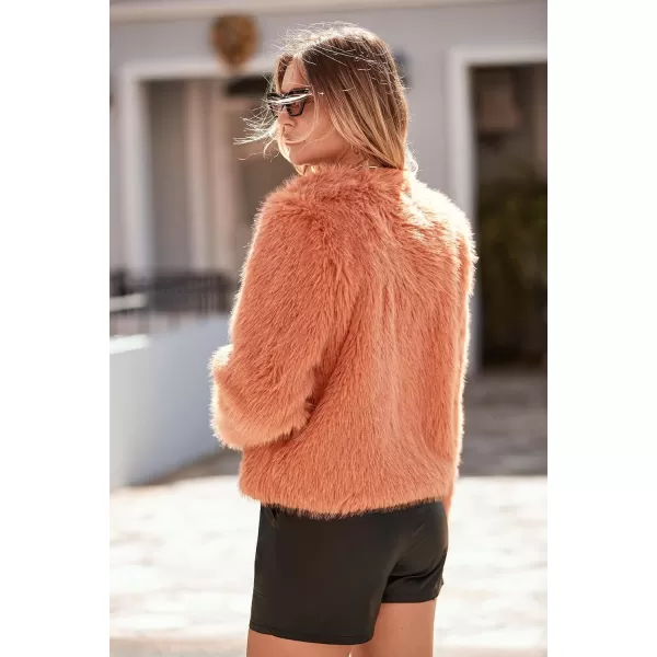 imagePRETTYGARDEN Womens 2023 Winter Coats Fleece Cropped Jacket Faux Fur Long Sleeve Pockets Shaggy Warm Outerwear Fall ClothesOrange