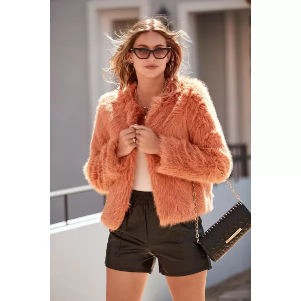 imagePRETTYGARDEN Womens 2023 Winter Coats Fleece Cropped Jacket Faux Fur Long Sleeve Pockets Shaggy Warm Outerwear Fall ClothesOrange