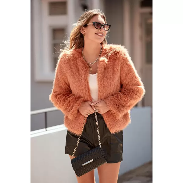 imagePRETTYGARDEN Womens 2023 Winter Coats Fleece Cropped Jacket Faux Fur Long Sleeve Pockets Shaggy Warm Outerwear Fall ClothesOrange