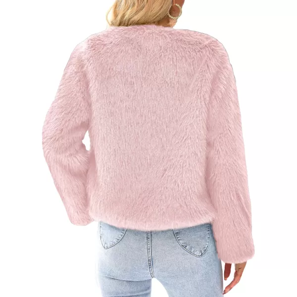 imagePRETTYGARDEN Womens 2023 Winter Coats Fleece Cropped Jacket Faux Fur Long Sleeve Pockets Shaggy Warm Outerwear Fall ClothesPink