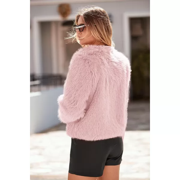 imagePRETTYGARDEN Womens 2023 Winter Coats Fleece Cropped Jacket Faux Fur Long Sleeve Pockets Shaggy Warm Outerwear Fall ClothesPink
