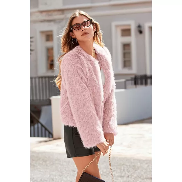 imagePRETTYGARDEN Womens 2023 Winter Coats Fleece Cropped Jacket Faux Fur Long Sleeve Pockets Shaggy Warm Outerwear Fall ClothesPink