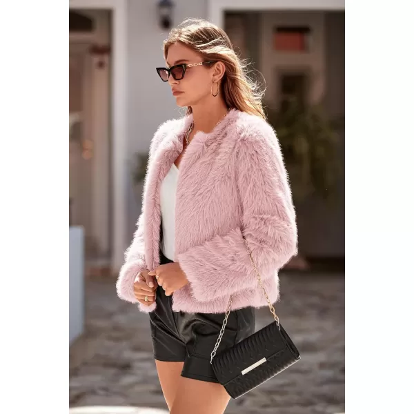 imagePRETTYGARDEN Womens 2023 Winter Coats Fleece Cropped Jacket Faux Fur Long Sleeve Pockets Shaggy Warm Outerwear Fall ClothesPink