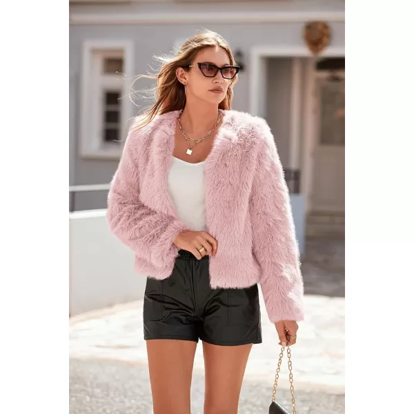 imagePRETTYGARDEN Womens 2023 Winter Coats Fleece Cropped Jacket Faux Fur Long Sleeve Pockets Shaggy Warm Outerwear Fall ClothesPink