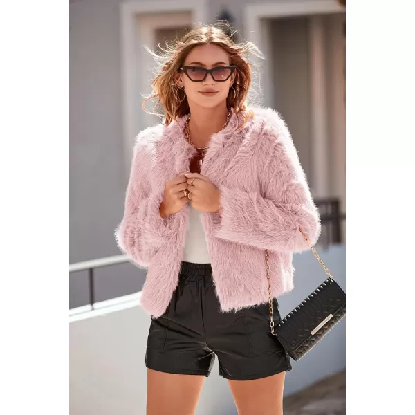 imagePRETTYGARDEN Womens 2023 Winter Coats Fleece Cropped Jacket Faux Fur Long Sleeve Pockets Shaggy Warm Outerwear Fall ClothesPink