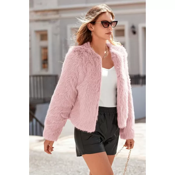 imagePRETTYGARDEN Womens 2023 Winter Coats Fleece Cropped Jacket Faux Fur Long Sleeve Pockets Shaggy Warm Outerwear Fall ClothesPink
