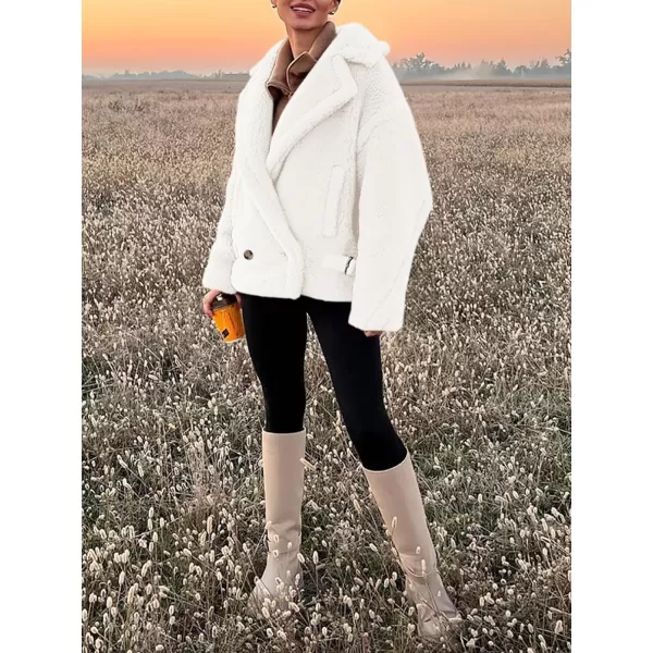 imagePRETTYGARDEN Womens 2023 Winter Fashion Sherpa Coats Lapel Fleece Jacket Long Sleeve Pockets Faux Fur Dressy Fall OutfitsBeige White