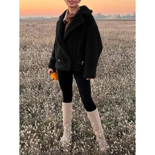 imagePRETTYGARDEN Womens 2023 Winter Fashion Sherpa Coats Lapel Fleece Jacket Long Sleeve Pockets Faux Fur Dressy Fall OutfitsBlack