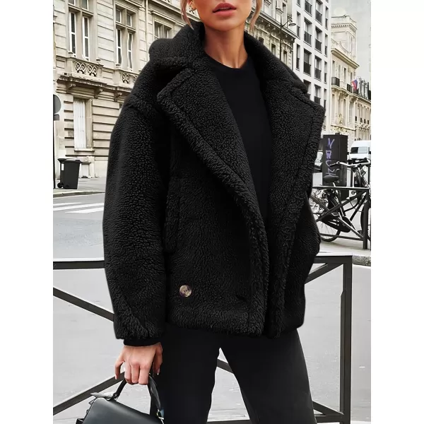 imagePRETTYGARDEN Womens 2023 Winter Fashion Sherpa Coats Lapel Fleece Jacket Long Sleeve Pockets Faux Fur Dressy Fall OutfitsBlack