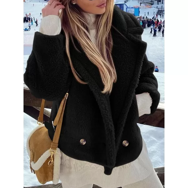 imagePRETTYGARDEN Womens 2023 Winter Fashion Sherpa Coats Lapel Fleece Jacket Long Sleeve Pockets Faux Fur Dressy Fall OutfitsBlack