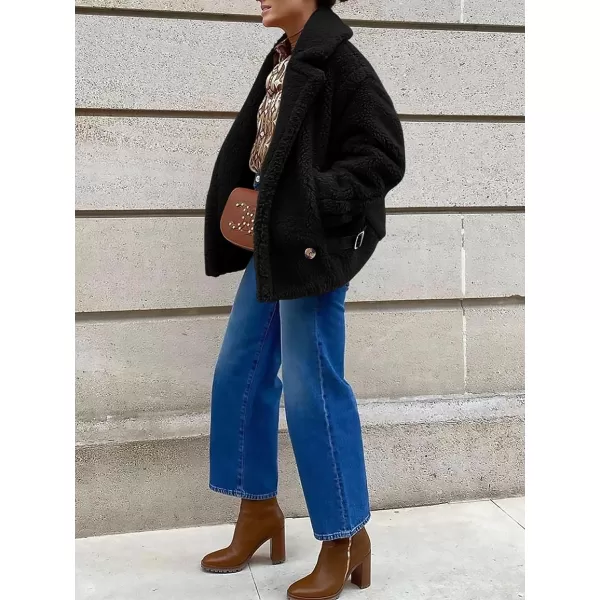 imagePRETTYGARDEN Womens 2023 Winter Fashion Sherpa Coats Lapel Fleece Jacket Long Sleeve Pockets Faux Fur Dressy Fall OutfitsBlack
