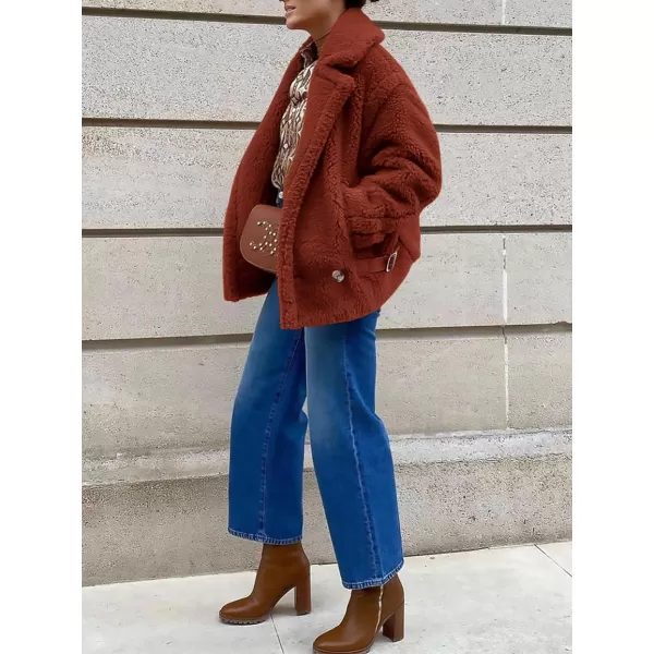 imagePRETTYGARDEN Womens 2023 Winter Fashion Sherpa Coats Lapel Fleece Jacket Long Sleeve Pockets Faux Fur Dressy Fall OutfitsBrown Red