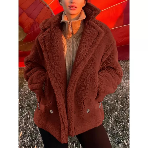 imagePRETTYGARDEN Womens 2023 Winter Fashion Sherpa Coats Lapel Fleece Jacket Long Sleeve Pockets Faux Fur Dressy Fall OutfitsBrown Red