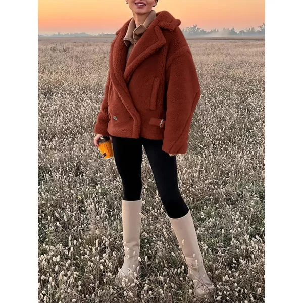 imagePRETTYGARDEN Womens 2023 Winter Fashion Sherpa Coats Lapel Fleece Jacket Long Sleeve Pockets Faux Fur Dressy Fall OutfitsBrown Red