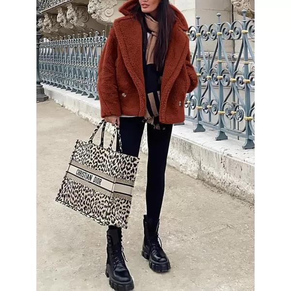 imagePRETTYGARDEN Womens 2023 Winter Fashion Sherpa Coats Lapel Fleece Jacket Long Sleeve Pockets Faux Fur Dressy Fall OutfitsBrown Red