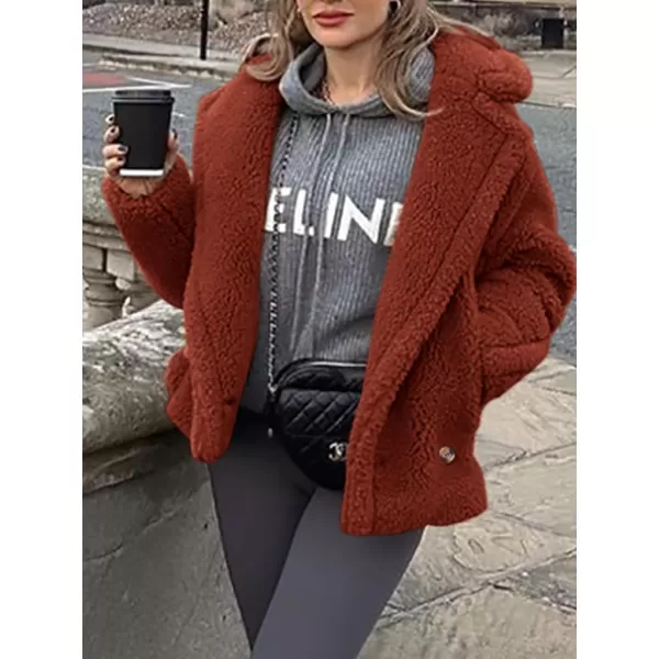 imagePRETTYGARDEN Womens 2023 Winter Fashion Sherpa Coats Lapel Fleece Jacket Long Sleeve Pockets Faux Fur Dressy Fall OutfitsBrown Red