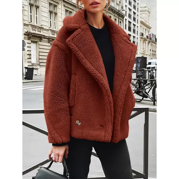 imagePRETTYGARDEN Womens 2023 Winter Fashion Sherpa Coats Lapel Fleece Jacket Long Sleeve Pockets Faux Fur Dressy Fall OutfitsBrown Red