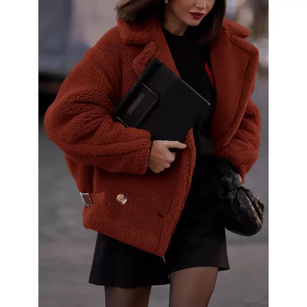 imagePRETTYGARDEN Womens 2023 Winter Fashion Sherpa Coats Lapel Fleece Jacket Long Sleeve Pockets Faux Fur Dressy Fall OutfitsBrown Red