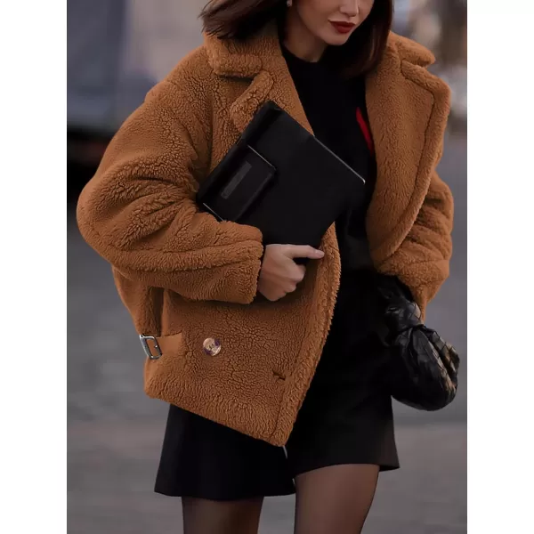 imagePRETTYGARDEN Womens 2023 Winter Fashion Sherpa Coats Lapel Fleece Jacket Long Sleeve Pockets Faux Fur Dressy Fall OutfitsCamel