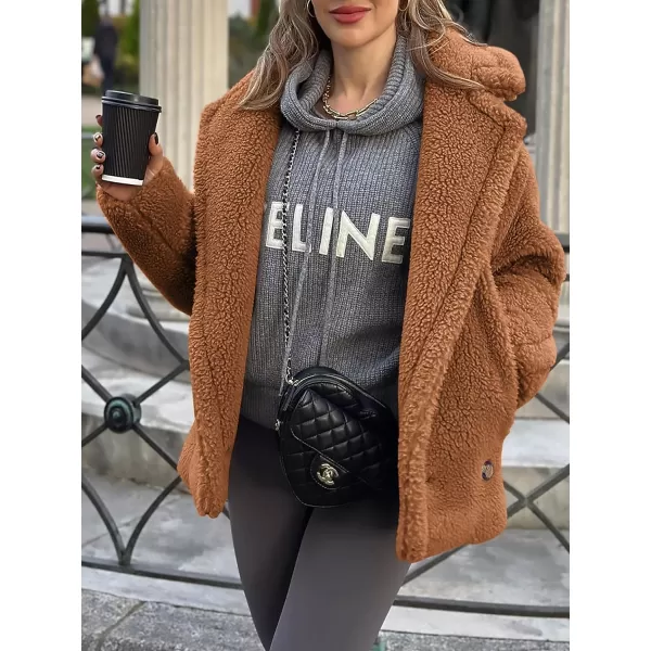 imagePRETTYGARDEN Womens 2023 Winter Fashion Sherpa Coats Lapel Fleece Jacket Long Sleeve Pockets Faux Fur Dressy Fall OutfitsCamel