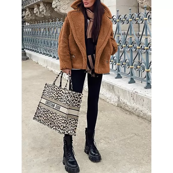 imagePRETTYGARDEN Womens 2023 Winter Fashion Sherpa Coats Lapel Fleece Jacket Long Sleeve Pockets Faux Fur Dressy Fall OutfitsCamel