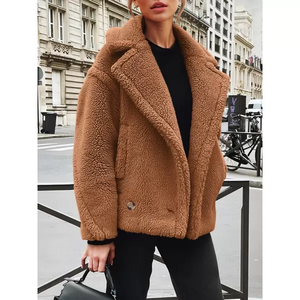 imagePRETTYGARDEN Womens 2023 Winter Fashion Sherpa Coats Lapel Fleece Jacket Long Sleeve Pockets Faux Fur Dressy Fall OutfitsCamel